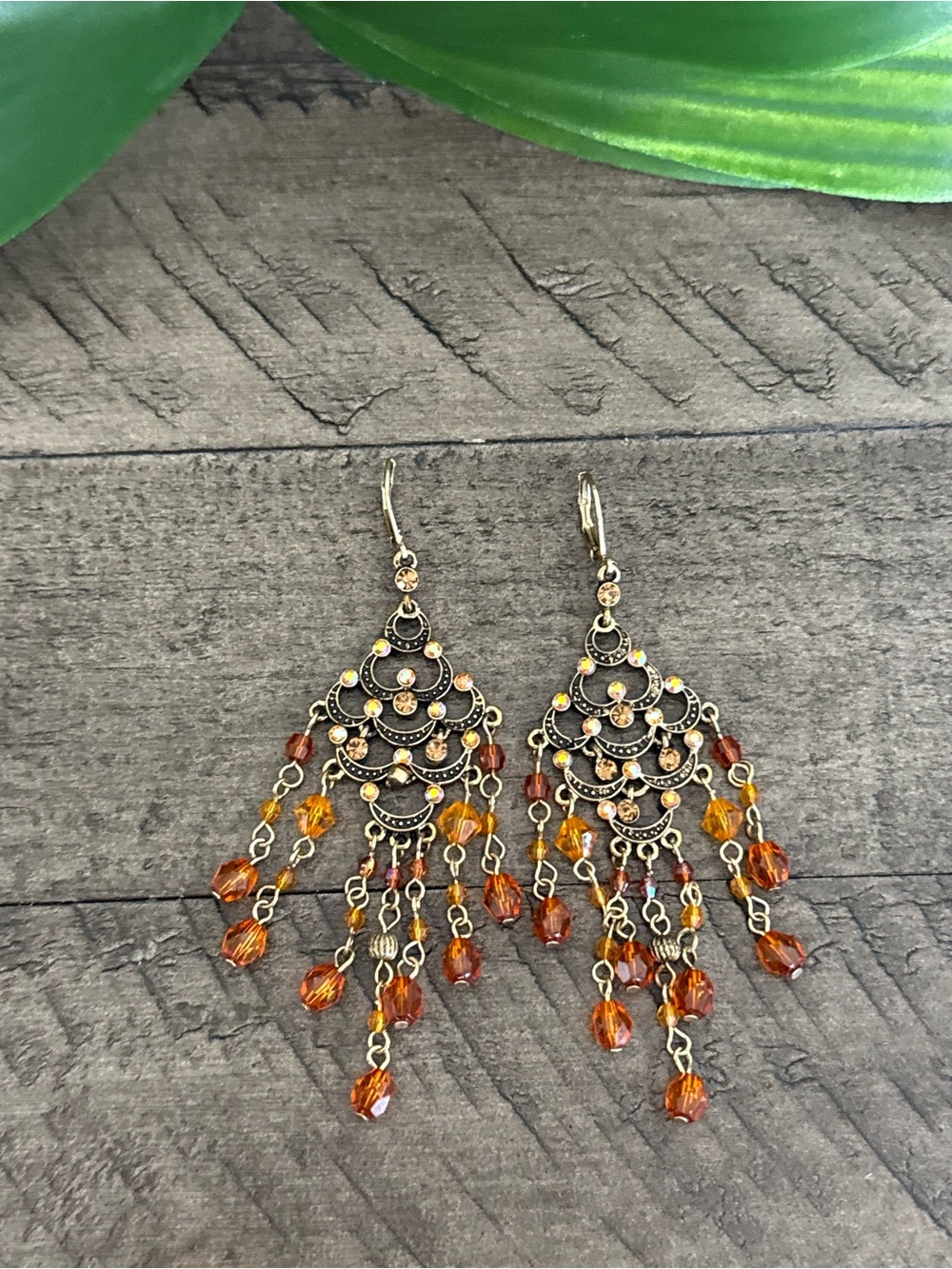 Gold-tone Orange Beaded Chandelier Earrings - Picture 3 of 6